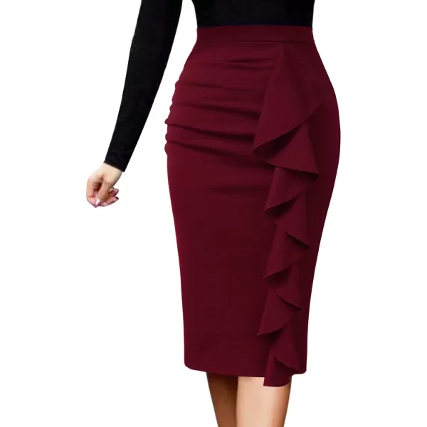 VFSHOW Women Elegant Ruched Ruffle Slit Work Business Party Pencil SkirtNew Dark Red