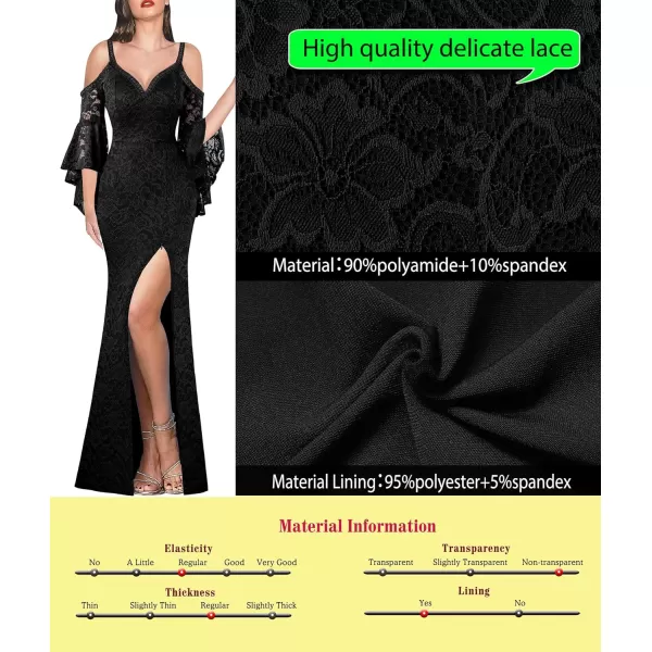 VFSHOW Women Floral Lace Beaded V Neck Bell Sleeve Prom Formal Maxi Dress 2023 Sexy Cold Shoulder High Slit Long Evening GownBlack Floral Lace2