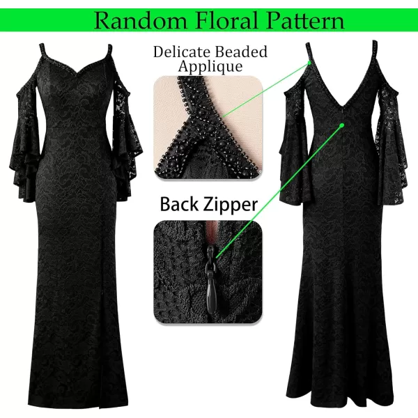 VFSHOW Women Floral Lace Beaded V Neck Bell Sleeve Prom Formal Maxi Dress 2023 Sexy Cold Shoulder High Slit Long Evening GownBlack Floral Lace2