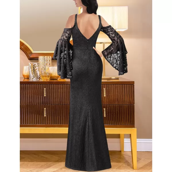 VFSHOW Women Floral Lace Beaded V Neck Bell Sleeve Prom Formal Maxi Dress 2023 Sexy Cold Shoulder High Slit Long Evening GownBlack Lace