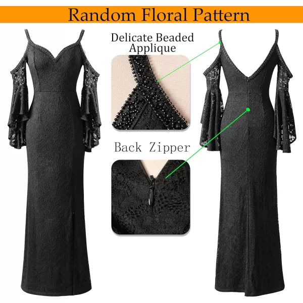 VFSHOW Women Floral Lace Beaded V Neck Bell Sleeve Prom Formal Maxi Dress 2023 Sexy Cold Shoulder High Slit Long Evening GownBlack Lace