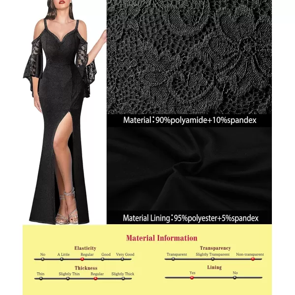 VFSHOW Women Floral Lace Beaded V Neck Bell Sleeve Prom Formal Maxi Dress 2023 Sexy Cold Shoulder High Slit Long Evening GownBlack Lace