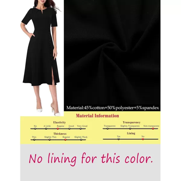 VFSHOW Women Pleated Neck Pockets Buttons Work Office Business ALine Midi DressBlack Short Sleeve5