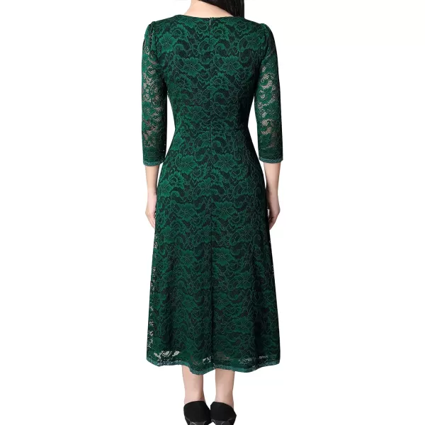 VFSHOW Women Pleated Neck Pockets Buttons Work Office Business ALine Midi DressDark Green Floral Lace