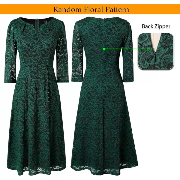 VFSHOW Women Pleated Neck Pockets Buttons Work Office Business ALine Midi DressDark Green Floral Lace