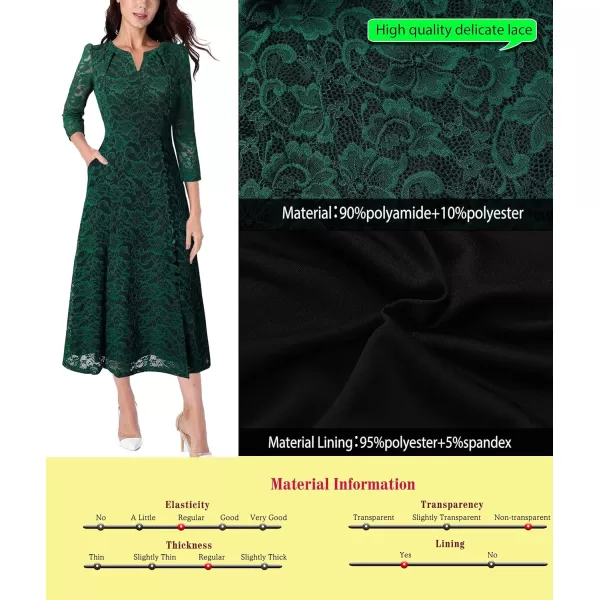 VFSHOW Women Pleated Neck Pockets Buttons Work Office Business ALine Midi DressDark Green Floral Lace