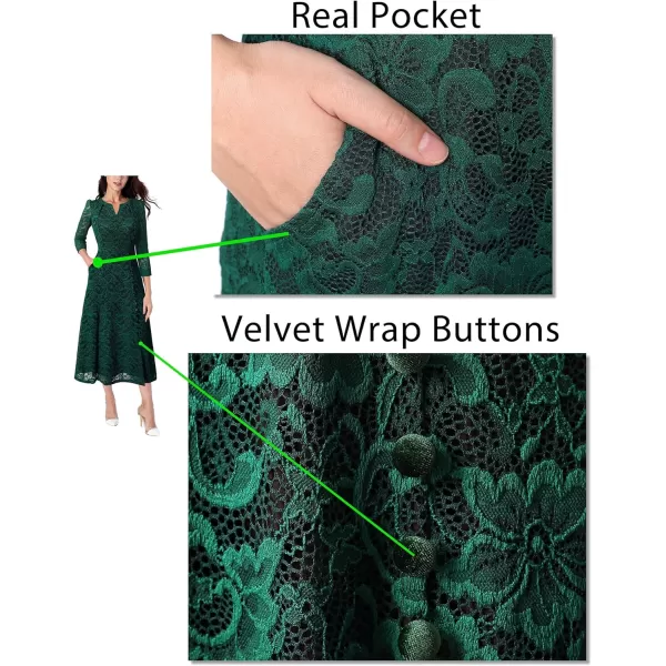 VFSHOW Women Pleated Neck Pockets Buttons Work Office Business ALine Midi DressDark Green Floral Lace