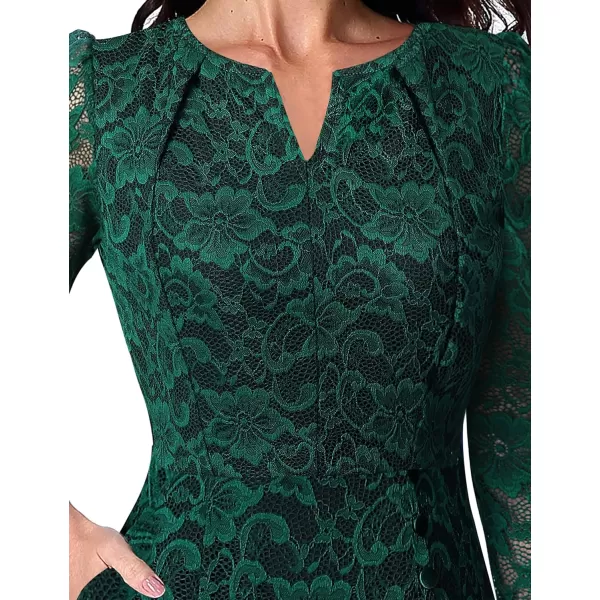 VFSHOW Women Pleated Neck Pockets Buttons Work Office Business ALine Midi DressDark Green Floral Lace