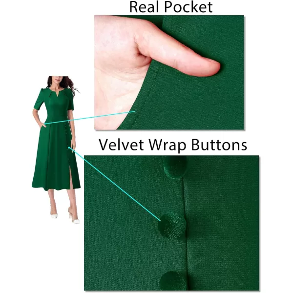 VFSHOW Women Pleated Neck Pockets Buttons Work Office Business ALine Midi DressGreen Short Sleeve