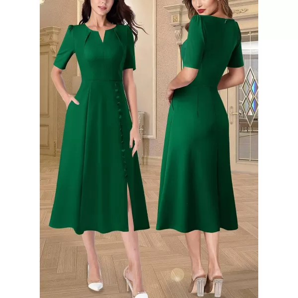 VFSHOW Women Pleated Neck Pockets Buttons Work Office Business ALine Midi DressGreen Short Sleeve