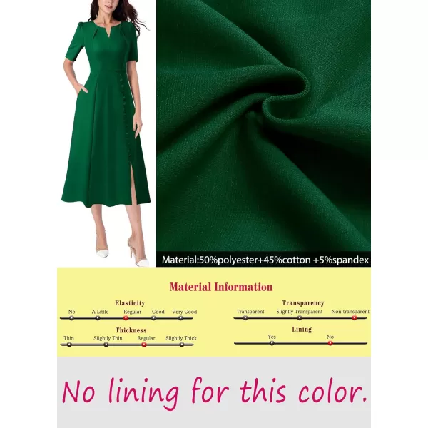 VFSHOW Women Pleated Neck Pockets Buttons Work Office Business ALine Midi DressGreen Short Sleeve