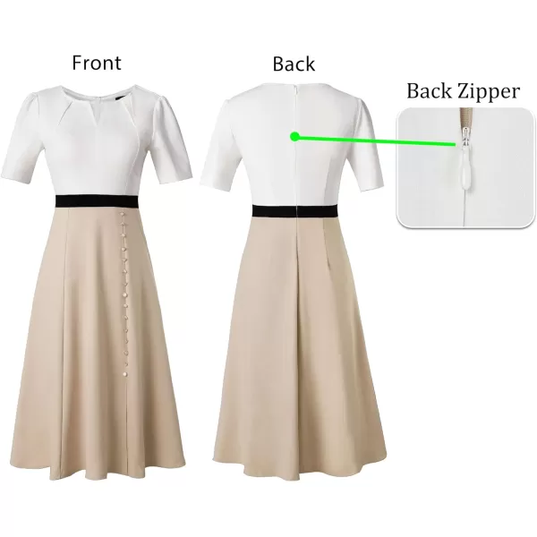 VFSHOW Women Pleated Neck Pockets Buttons Work Office Business ALine Midi DressOffwhiteblackbeige