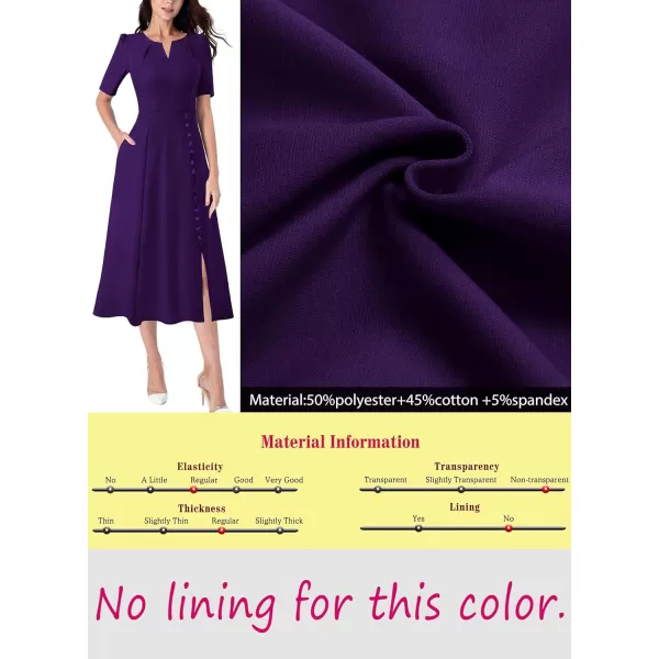 VFSHOW Women Pleated Neck Pockets Buttons Work Office Business ALine Midi DressPurple Short Sleeve2