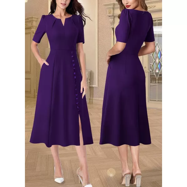 VFSHOW Women Pleated Neck Pockets Buttons Work Office Business ALine Midi DressPurple Short Sleeve2