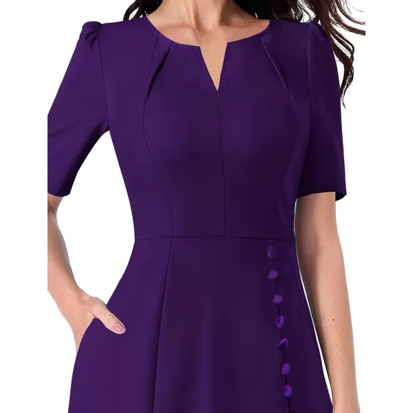 VFSHOW Women Pleated Neck Pockets Buttons Work Office Business ALine Midi DressPurple Short Sleeve2