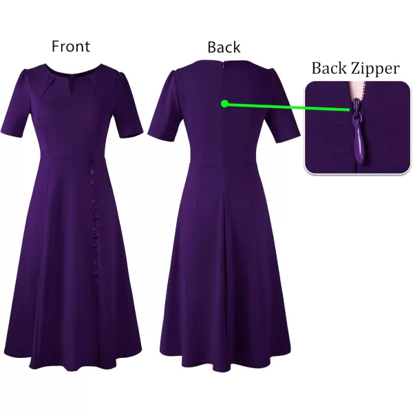 VFSHOW Women Pleated Neck Pockets Buttons Work Office Business ALine Midi DressPurple Short Sleeve2