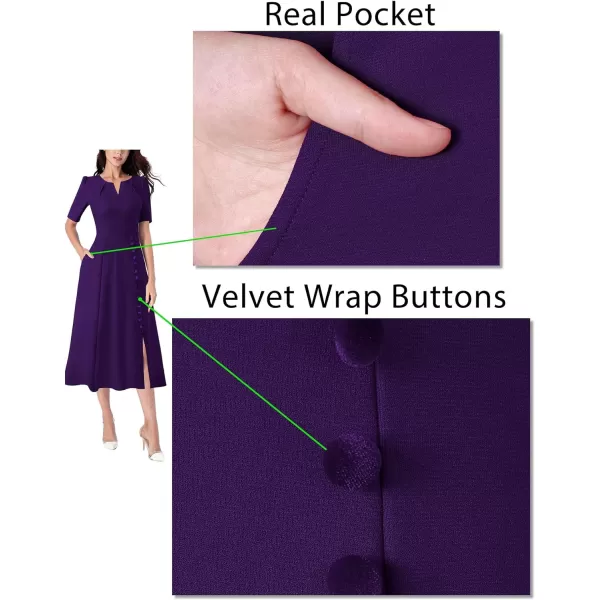 VFSHOW Women Pleated Neck Pockets Buttons Work Office Business ALine Midi DressPurple Short Sleeve2