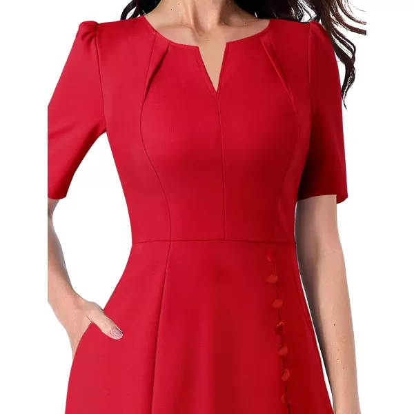 VFSHOW Women Pleated Neck Pockets Buttons Work Office Business ALine Midi DressRed Short Sleeve2