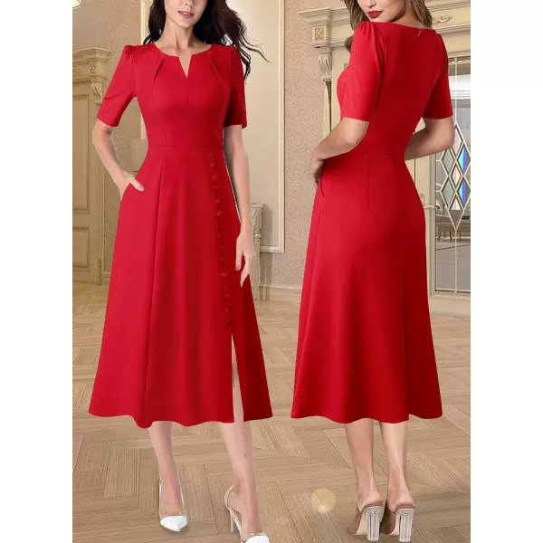 VFSHOW Women Pleated Neck Pockets Buttons Work Office Business ALine Midi DressRed Short Sleeve2