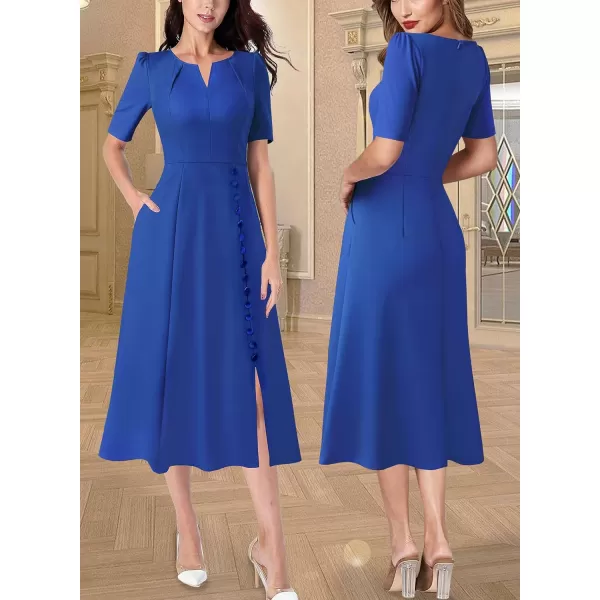 VFSHOW Women Pleated Neck Pockets Buttons Work Office Business ALine Midi DressRoyal Blue