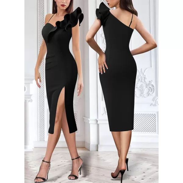 VFSHOW Women Ruffle One Shoulder Strap Ruched Cocktail High Slit Bodycon Dress Sexy Sweetheart Neck Short Wedding Guest DressSolid Black