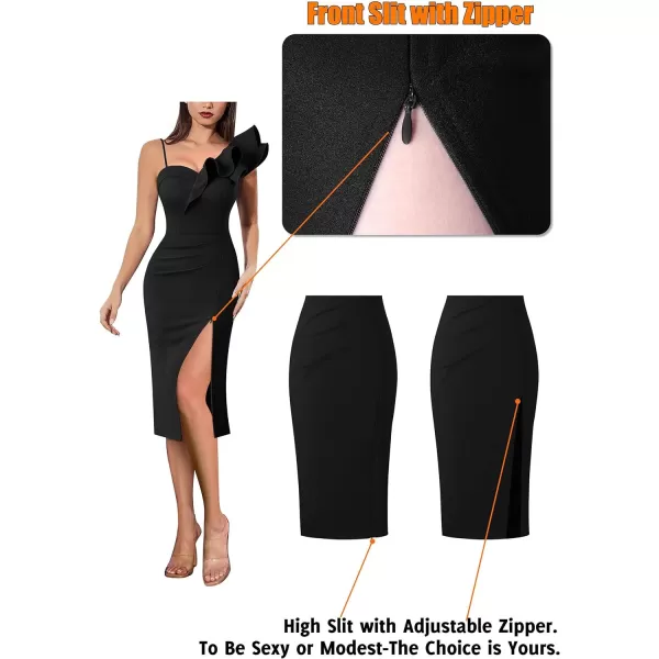 VFSHOW Women Ruffle One Shoulder Strap Ruched Cocktail High Slit Bodycon Dress Sexy Sweetheart Neck Short Wedding Guest DressSolid Black