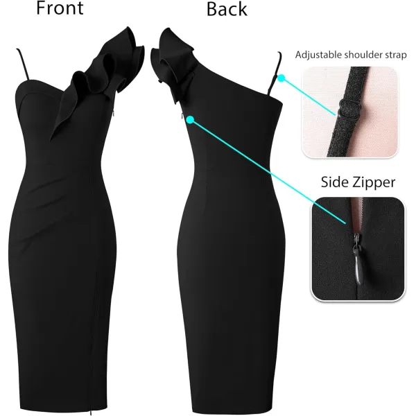 VFSHOW Women Ruffle One Shoulder Strap Ruched Cocktail High Slit Bodycon Dress Sexy Sweetheart Neck Short Wedding Guest DressSolid Black