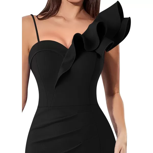 VFSHOW Women Ruffle One Shoulder Strap Ruched Cocktail High Slit Bodycon Dress Sexy Sweetheart Neck Short Wedding Guest DressSolid Black