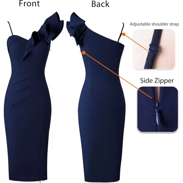 VFSHOW Women Ruffle One Shoulder Strap Ruched Cocktail High Slit Bodycon Dress Sexy Sweetheart Neck Short Wedding Guest DressSolid Navy Blue