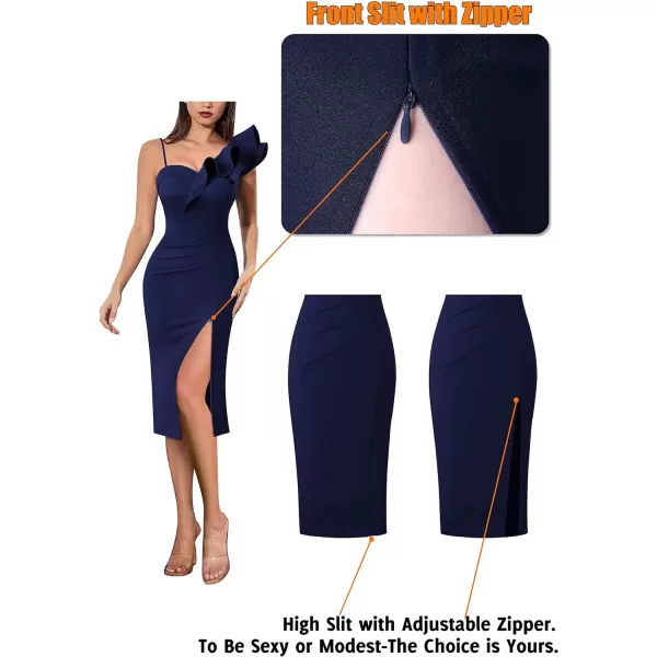 VFSHOW Women Ruffle One Shoulder Strap Ruched Cocktail High Slit Bodycon Dress Sexy Sweetheart Neck Short Wedding Guest DressSolid Navy Blue