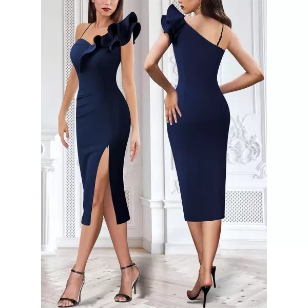 VFSHOW Women Ruffle One Shoulder Strap Ruched Cocktail High Slit Bodycon Dress Sexy Sweetheart Neck Short Wedding Guest DressSolid Navy Blue