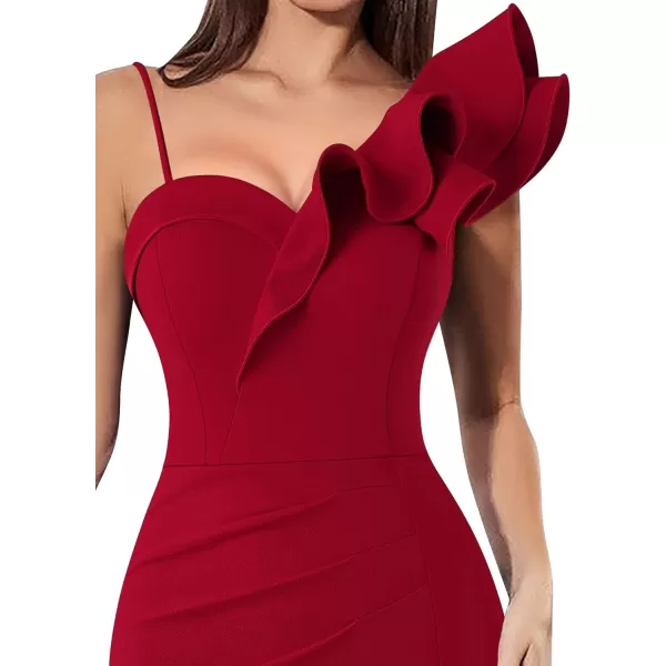 VFSHOW Women Ruffle One Shoulder Strap Ruched Cocktail High Slit Bodycon Dress Sexy Sweetheart Neck Short Wedding Guest DressSolid Red