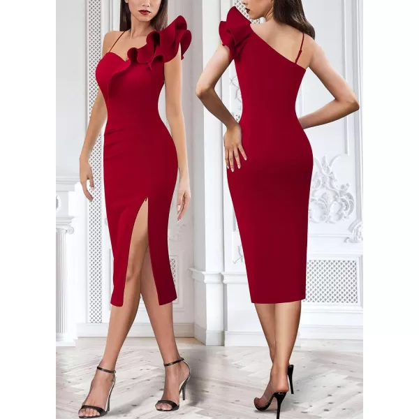 VFSHOW Women Ruffle One Shoulder Strap Ruched Cocktail High Slit Bodycon Dress Sexy Sweetheart Neck Short Wedding Guest DressSolid Red