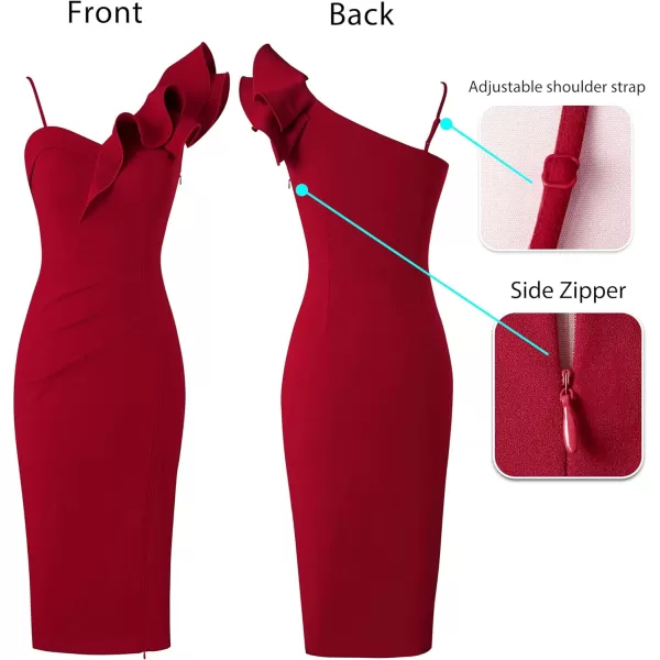 VFSHOW Women Ruffle One Shoulder Strap Ruched Cocktail High Slit Bodycon Dress Sexy Sweetheart Neck Short Wedding Guest DressSolid Red