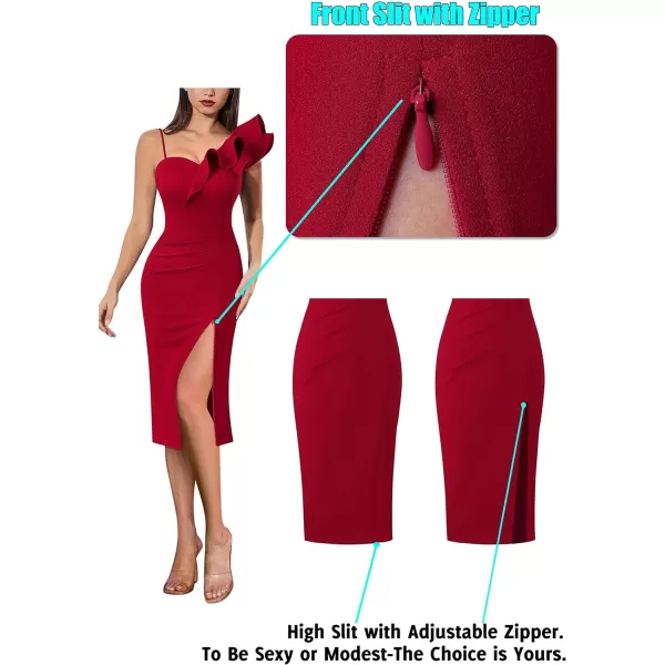 VFSHOW Women Ruffle One Shoulder Strap Ruched Cocktail High Slit Bodycon Dress Sexy Sweetheart Neck Short Wedding Guest DressSolid Red