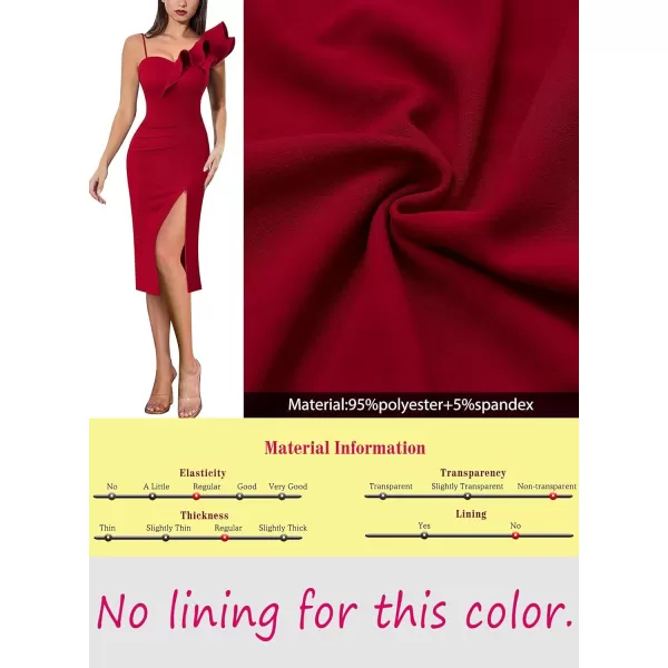 VFSHOW Women Ruffle One Shoulder Strap Ruched Cocktail High Slit Bodycon Dress Sexy Sweetheart Neck Short Wedding Guest DressSolid Red