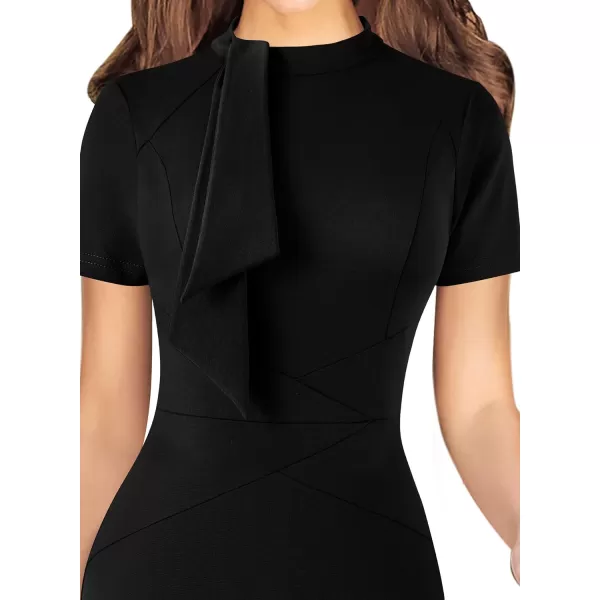 VFSHOW Women Vintage Work Business Tie Neck Slim Bodycon Pencil Sheath Dress 50s Retro Professional Career Church Office WearBlack Short Sleeve