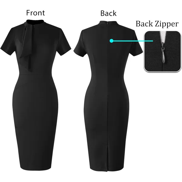 VFSHOW Women Vintage Work Business Tie Neck Slim Bodycon Pencil Sheath Dress 50s Retro Professional Career Church Office WearBlack Short Sleeve