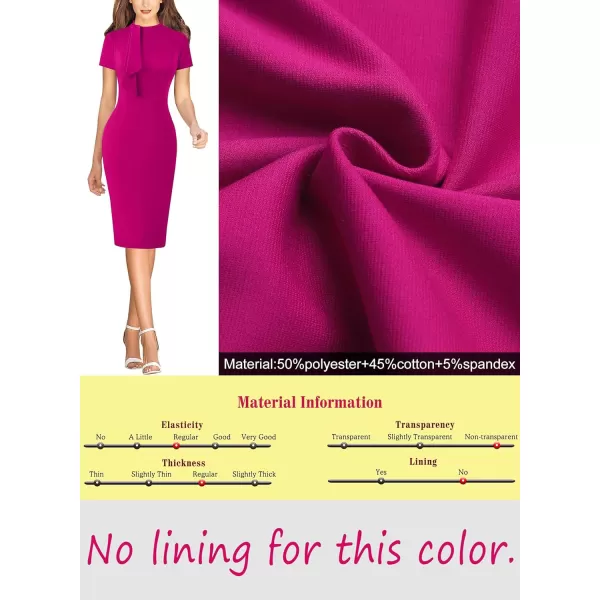 VFSHOW Women Vintage Work Business Tie Neck Slim Bodycon Pencil Sheath Dress 50s Retro Professional Career Church Office WearHot Pink Short Sleeve