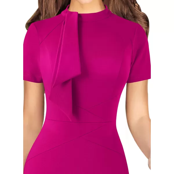 VFSHOW Women Vintage Work Business Tie Neck Slim Bodycon Pencil Sheath Dress 50s Retro Professional Career Church Office WearHot Pink Short Sleeve