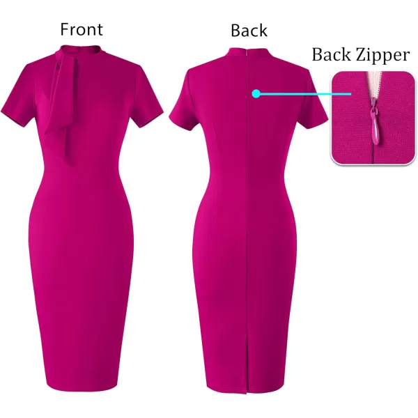 VFSHOW Women Vintage Work Business Tie Neck Slim Bodycon Pencil Sheath Dress 50s Retro Professional Career Church Office WearHot Pink Short Sleeve