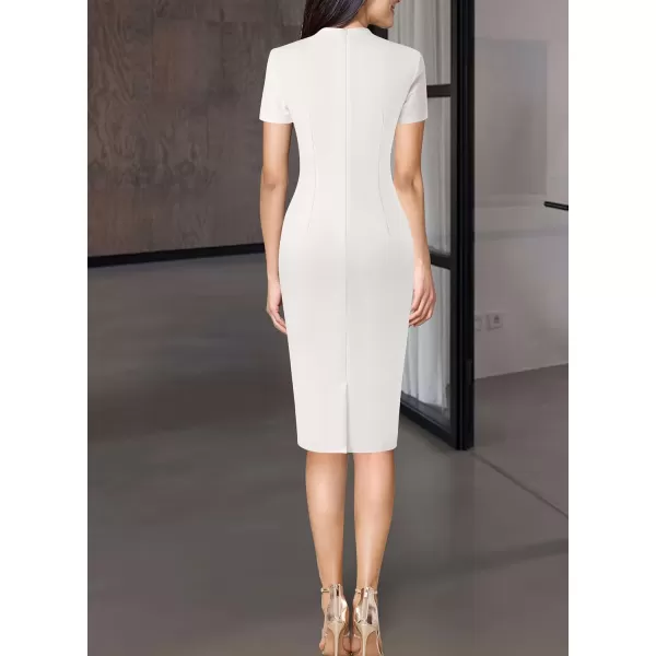 VFSHOW Women Vintage Work Business Tie Neck Slim Bodycon Pencil Sheath Dress 50s Retro Professional Career Church Office WearOffwhite Short Sleeve