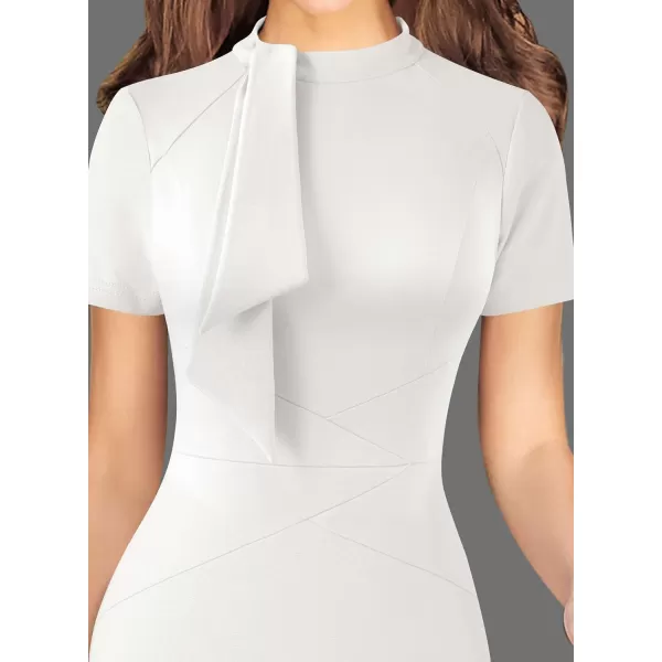 VFSHOW Women Vintage Work Business Tie Neck Slim Bodycon Pencil Sheath Dress 50s Retro Professional Career Church Office WearOffwhite Short Sleeve