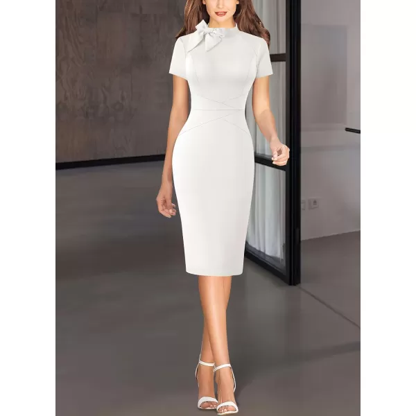 VFSHOW Women Vintage Work Business Tie Neck Slim Bodycon Pencil Sheath Dress 50s Retro Professional Career Church Office WearOffwhite Short Sleeve