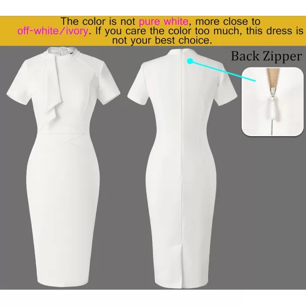 VFSHOW Women Vintage Work Business Tie Neck Slim Bodycon Pencil Sheath Dress 50s Retro Professional Career Church Office WearOffwhite Short Sleeve