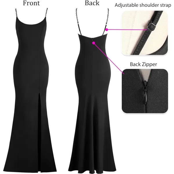 VFSHOW Womens 2023 Sexy Summer Bodycon Fitted Beach Party Cami Maxi Long Night Out Spaghetti Strap High Slit Plain DressBlack