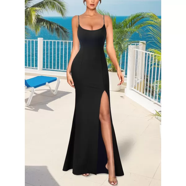 VFSHOW Womens 2023 Sexy Summer Bodycon Fitted Beach Party Cami Maxi Long Night Out Spaghetti Strap High Slit Plain DressBlack