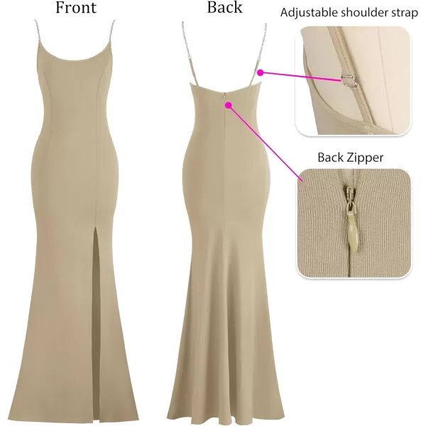 VFSHOW Womens 2023 Sexy Summer Bodycon Fitted Beach Party Cami Maxi Long Night Out Spaghetti Strap High Slit Plain DressKhaki