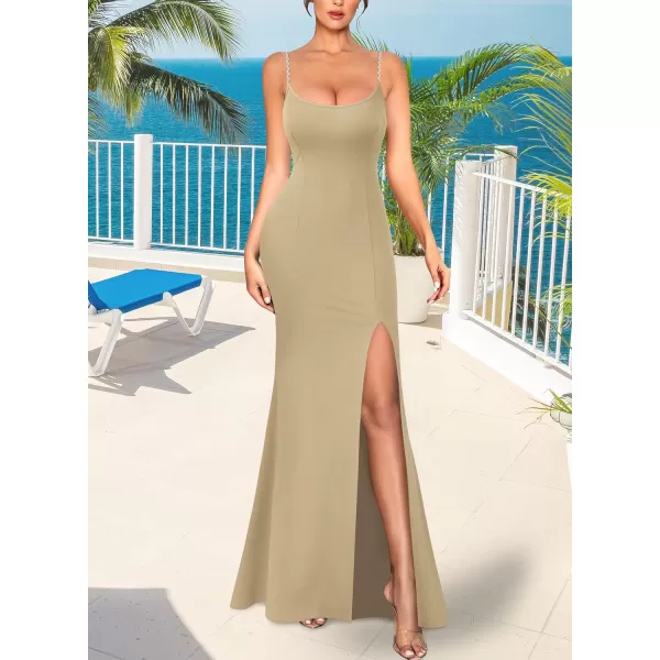 VFSHOW Womens 2023 Sexy Summer Bodycon Fitted Beach Party Cami Maxi Long Night Out Spaghetti Strap High Slit Plain DressKhaki