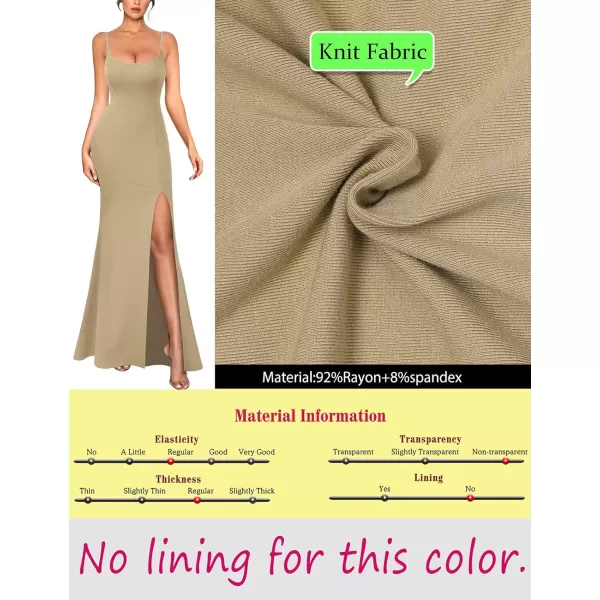 VFSHOW Womens 2023 Sexy Summer Bodycon Fitted Beach Party Cami Maxi Long Night Out Spaghetti Strap High Slit Plain DressKhaki